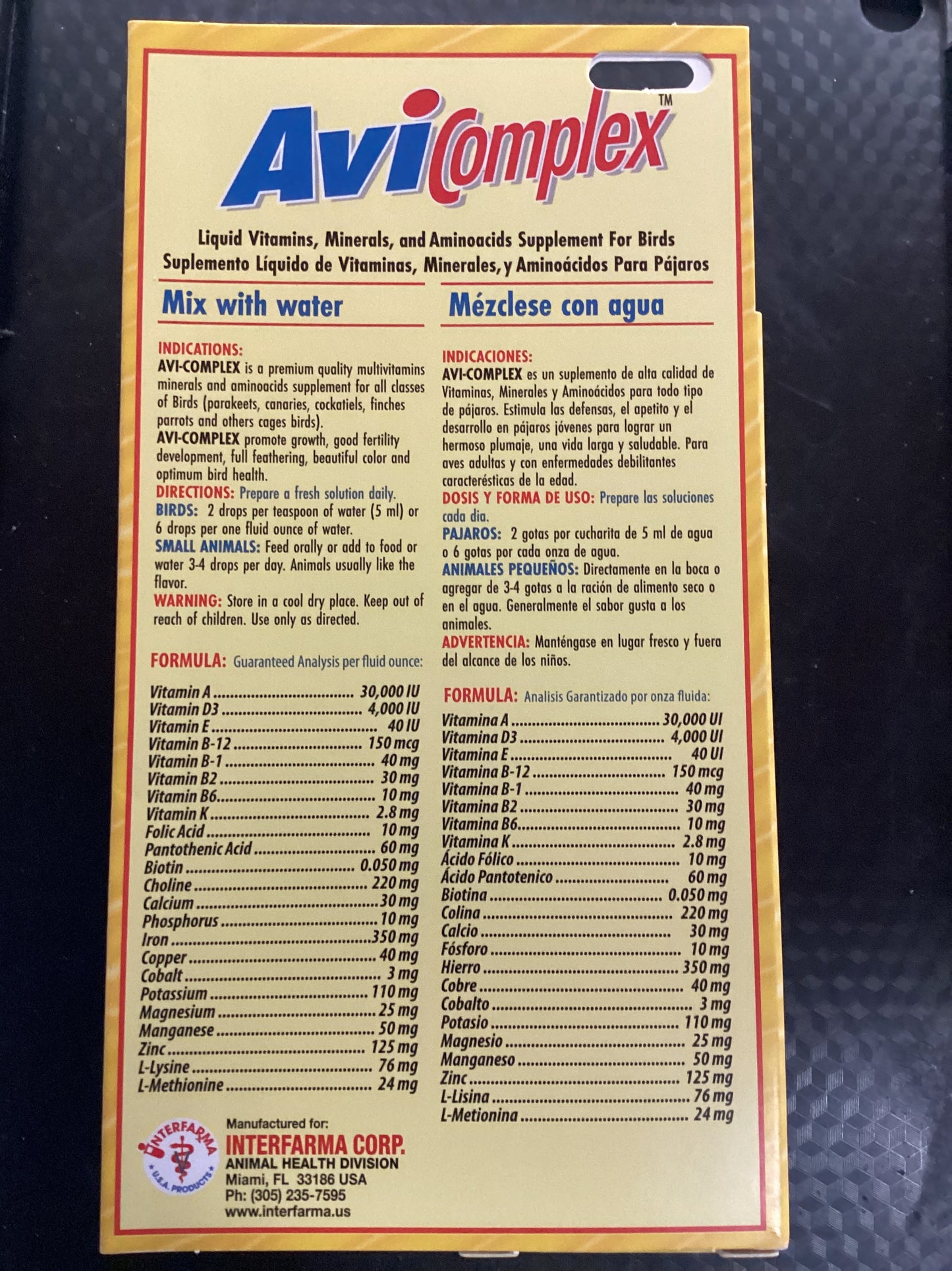 AviComplex Liquid Vitamins, Minerals, and Amino Acids Supplement for Birds